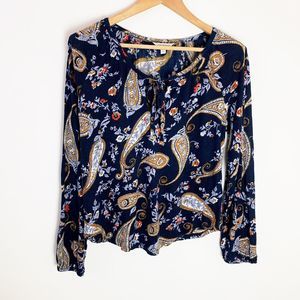 Lucky Brand Long Sleeve Top Size Small Navy Blue Paisley Print Keyhole Neck Tie